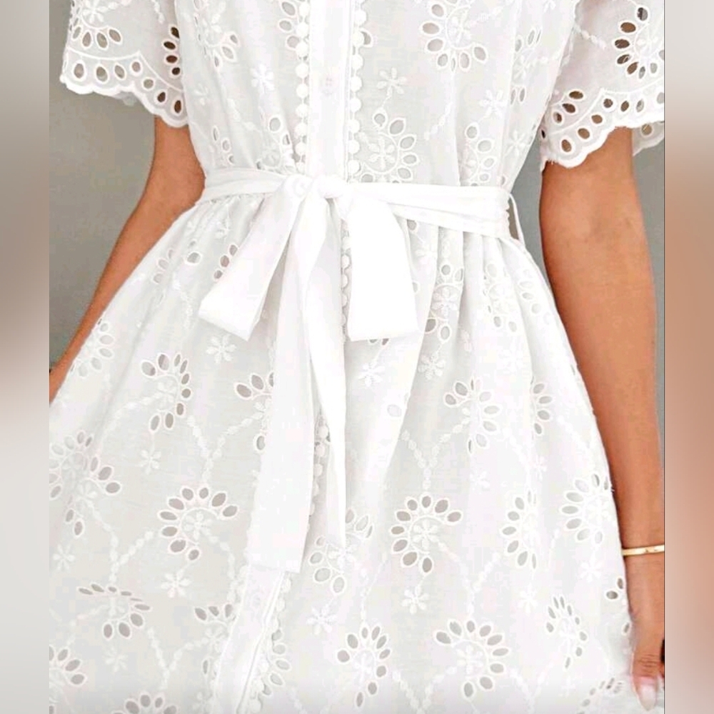 New Embroidered Eyelet Lace Tie Waist Midi Dress Short Sleeve White - Picture 6 of 11